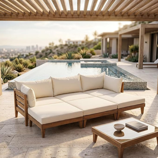 VilroCaz 6-Piece Acacia Wood Outdoor Modular Sectional Patio Sofa Set, Converts to a Daybed, All-Weather Conversation Set with 5 Pillows and 6 Cushions for Backyard, Poolside, Garden