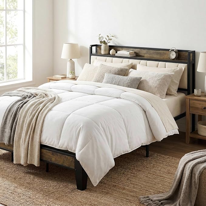 LIKIMIO California King Bed Frame, Storage Headboard with Charging Station, Solid and Stable, Noise Free, No Box Spring Needed, Easy Assembly (Walnut and Beige)