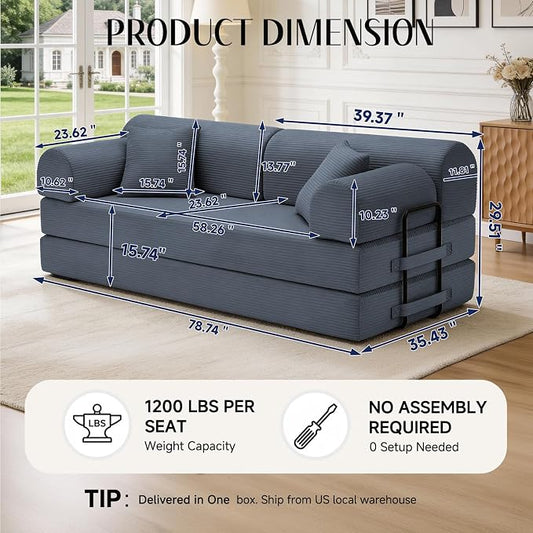 79'' Convertible Sofa Bed, 6 in 1 Folding Floor Futon Couch Sleeper with Fixed Frame, Corduroy Modular Sofa Bed with Removable Armrests & Pillows, No Assembly for Living Room Bedroom (Dark Gray)
