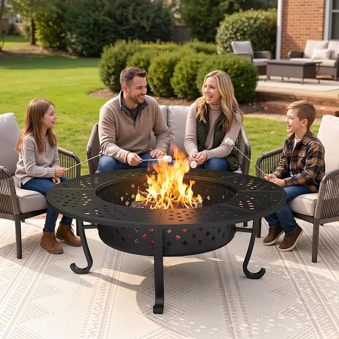 Wisteria Lane 3 in 1 48" Extra Large Fire Pit for Outside Wood Burning with 2 Adjustable Grills, Outdoor Fireplace with Lid and Fire Poker, BBQ & Bonfire & Round Metal Table for Patio, Backyard