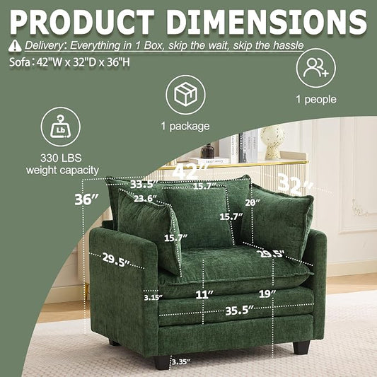 Modular Sectional Sofa Cloud Couch, Deep Seat Washable Chenille Fabric Sofa with Throw Pillows, Singel Seat Modern Couches for Living Room Bedroom Apartment, Green