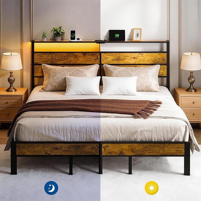Liians King Size Bed Frame with Storage Headboard, LED Lights USB C Charging Station, Heavy Duty Metal Platform, No Box Spring Needed, Noise Free & Easy Assembly