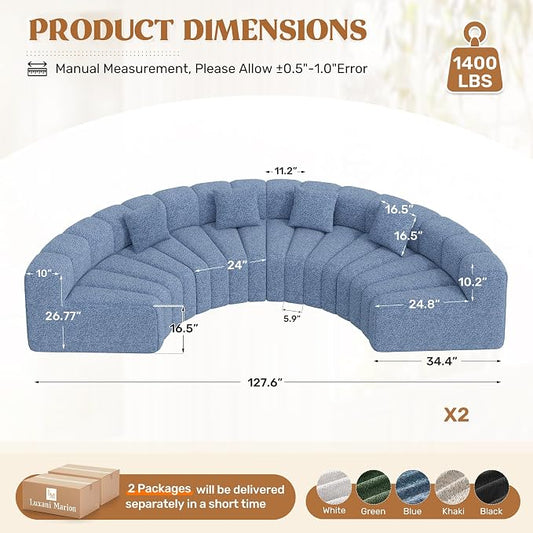 Luxanimarion Oversized Curved Cloud Couch, 8 Seater Modern Round Modular Sectional Sofa, Convertible Boneless Couches for Living Room, No Assembly Required, Light Blue 1 PCS