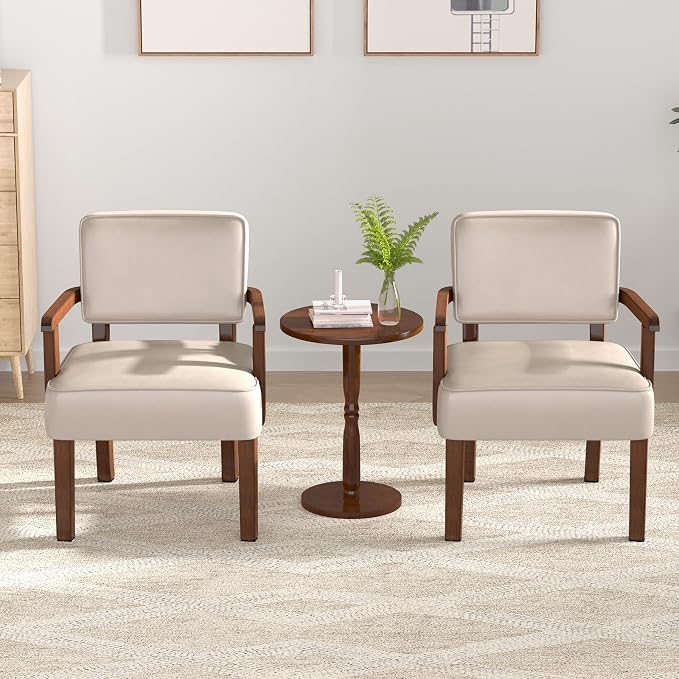 FAGAGA Accent Chairs Set of 2 with Table, PU Leather Chair for Living Room Oversized Armchair with Soft Seat and Armrests for Bedroom Dinning Reading Waiting Room (Leather Beige)