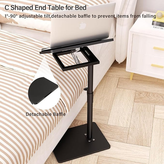 YUHFERA Sofa Armrest Tray Table for Couch - 360° Swivel Height Adjustable End for Small Spaces, Snack Side Table for Bed or Chair with Phone & Tablet Slot (Black,Angle Adjustable)