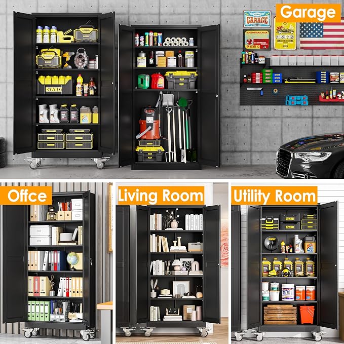 PAOFIN 71''H Tall Metal Garage Storage Cabinet with Wheels,Steel File Cabinets with 2 Doors and 4 Adjustable Shelves for Home Office, Warehouse, Required Assembly,Black