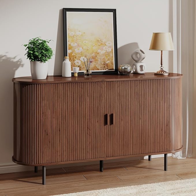 Buffet Sideboard Cabinet with Storage, 55" Fluted Cabinet with Sliding Door & Adjustable Shelf, Modern Accent Coffee Bar Console Table for Kitchen, Entryway, Walnut