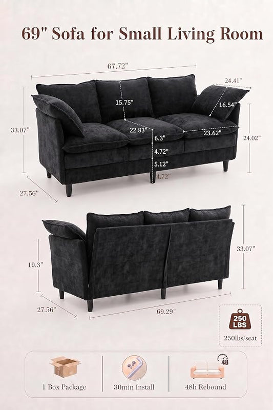 KYJ 69 Inch Small Sofa, 3-Seater Loveseat Couch with Cloud 2 Layer Cushion, 22.8" Deep Seat, Oversized Pillows, Chenille Fabric, Compact for Small Spaces,Apartment, Living Room, Studio, Office, Black