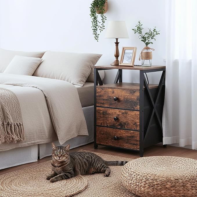 AMHANCIBLE Nightstands Set of 2, LED Night Stand with Charging Station, End Side Tables with USB Port & Outlet, Bedside Tables with 3 Fabric Drawers for Bedroom, Rustic Brown HET053LBR
