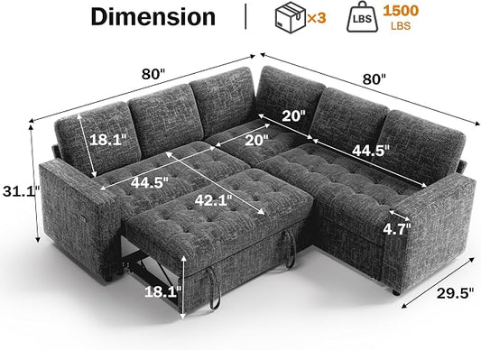 Vipbear 5 Seat L Shaped Modular Sectional Sleeper Sofa Bed with Pull Out Bed/Reclining Backrest/USB Ports/Storage Seat, Sectional Sleeper Couch, Tool-Free Assembly, Chenille Dark Grey