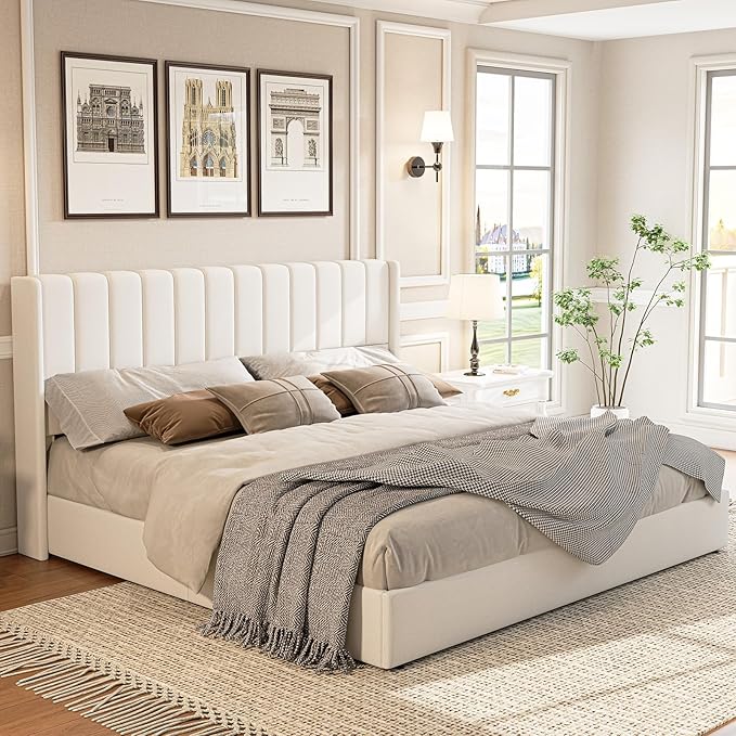 Jocisland King Size Lift Up Storage Bed Frame, Linen Upholstered Platform Bed with Vertical Channel Tufted Headboard and Wingback, Hydraulic System, No Box Spring Needed, Wood Slats Support, White