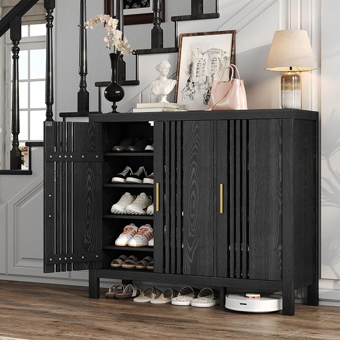 UNIQUITE Wooden Shoes Cabinet with 3 Doors and Adjustable Shelves, Retro Freestanding Shoe Organizer Cabinet for Entryway Hallway Living Room, 5-Tier Shoe Cabinet for 30 Pairs, Black