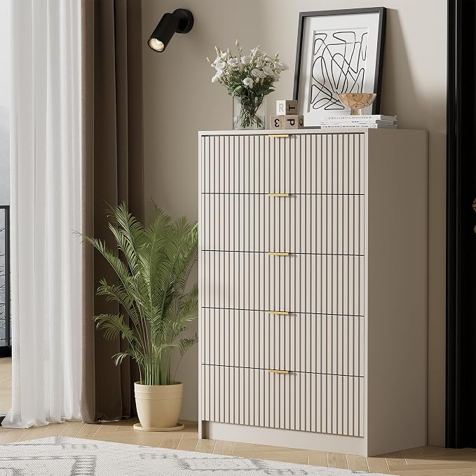Furniway Beige Dresser for Bedroom, Modern Dresser with 5 Drawers and Smooth Slides, Wide Chest of Drawers with Golden Handles for Bedroom, Living Room, Closet, 15.7" D x 31.5" W x 47.2" H