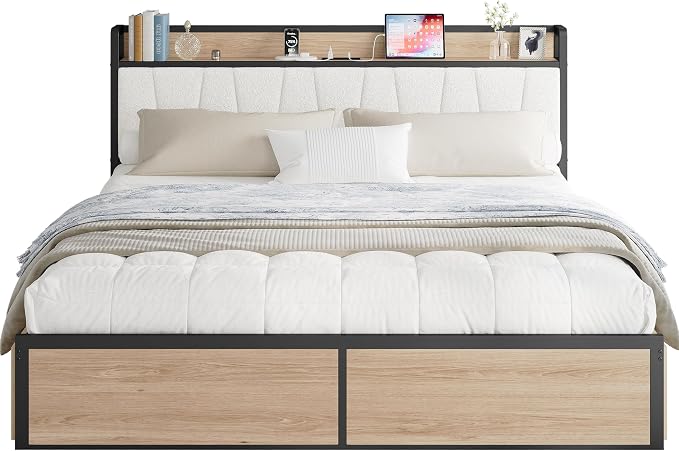 LIKIMIO King Bed Frame with 4 Storage Drawers, Platform Bed with Charged Headboard, Sturdy and Stable, No Noise, No Box Spring Needed, Easy Install, Wood and Cream