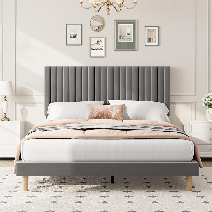 IDEALHOUSE King Bed Frame with Adjustable Headboard, Velvet Upholstered Platform King Size Bed Frame, Vertical Channel Tufted, Strong Wooden Slats, No Box Spring Needed, Easy Assembly, Grey