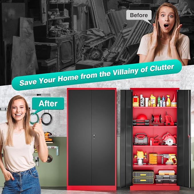 SISESOL Red Metal Storage Cabinet with Locking Doors and Shelves,Garage Storage Cabinet with Lock,Steel Locker,Lockable Cabinets for Home,Office,Shop,Garage Cabinets