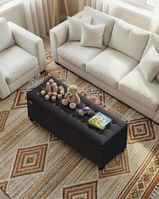 ABHENG Synthetic leather Storage ottoman bench with legs,43.5”W x 15.7”D x 15.7”H,metal frame end of bed bench hold up to 770 LB,Large Storage Chest hold up to 770 LB,Black UASND622B