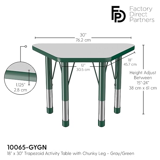 FDP Trapezoid Activity School and Classroom Kids Table (18 x 30 inch), Chunky Toddler Legs for Collaborative Seating Environments, Adjustable Height 15-24 inches - Gray Top and Green Edge