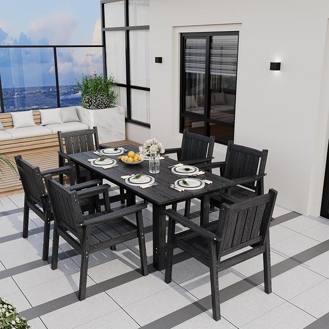 Pamapic 7 PCS Outdoor Dining Set, Spacious HDPE Outdoor Table and Chairs, Wood Grain Patio Furniture Sets with Elegant Armrest, All-Weather Patio Dining Table with Umbrella Hole, Black