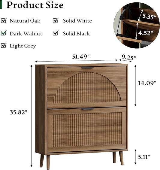 Xixini Shoe Storage Cabinet with 2 Flip Drawers, 36" Tall Narrow Wood Fluted Shoe Organizer for Entryway, Freestanding Wooden Hidden Slim Shoe Rack for Front Door Entrance, Hallway, Foyer, Dark Walnut