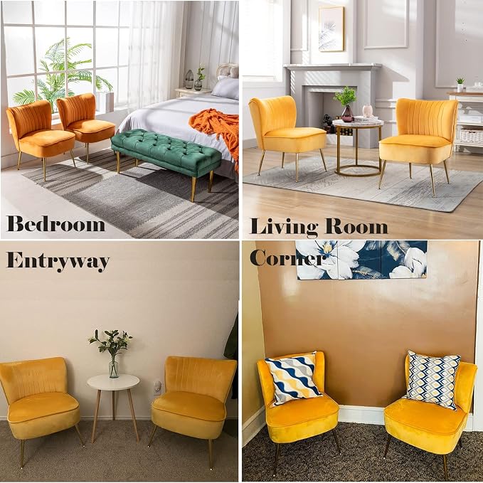 DUOMAY Modern Accent Chair Set of 2 Velvet Slipper Chair with Gold Legs Wingback Side Chair for Living Room Bedroom Entryway Small Corner Chair for Space Saving, Yellow