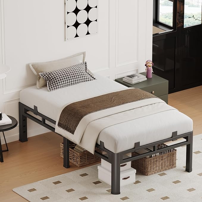 14 Inch Twin XL Bed Frame, Metal Double Layer Steel 4000 lbs Capacity, Platform with Large Under Bed Storage Space, No Box Spring Needed, Noise-Free, Easy Assembly