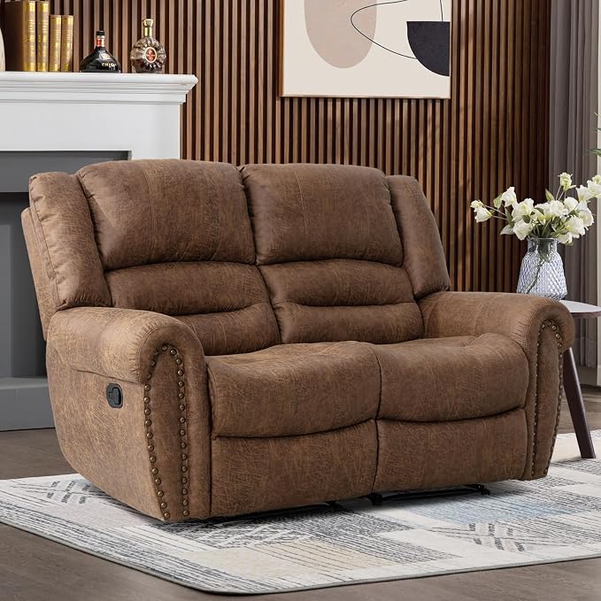 CANMOV Faux Leather Manual Recliner Sofa Set, 2 Recliner Chair and a Loveseat Sofa for Living Room,Bedroom Furniture, Office, Nut Brown