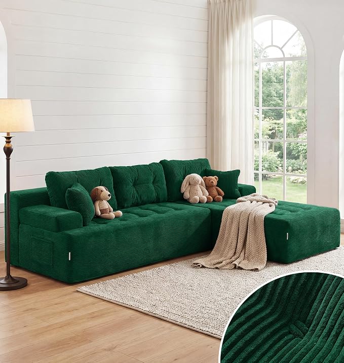 Hobestluk Modular Sectional Sofa Couches L-Shape Couch 3 Seat Modular Sofa Memory Foam Sectional Couches for Living Room, Cloud Couch (Emerald Corduroy, 108", Right Hand Facing)