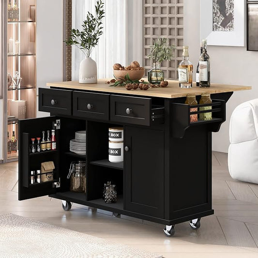 Large Kitchen Island with Rubber Wood Drop Leaf, Rolling Kitchen Cart with Ample Storage on Wheels with Doors and Drawers for Dining Room (Modern Black, Black Handle, 53Inch)