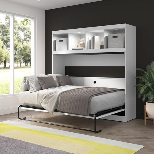 Bestar Full Size Horizontal Murphy Bed with Storage and Charging Station, 80-inch, for Bedroom or Guestroom, Pur Collection, Modern, White
