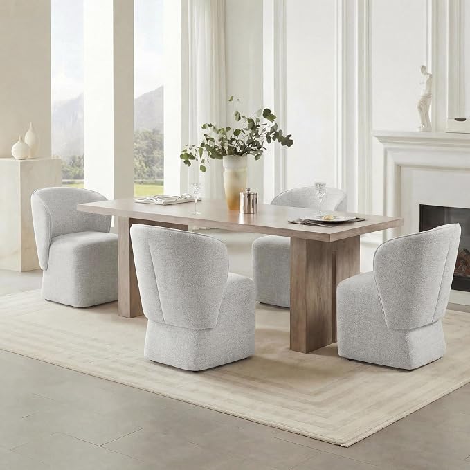 KISLOT Upholstered Dining Chairs with Wheels, No Assembly Stain Resistant Fabric Modern Barrel Armchair with Casters, Dining Room Chairs for Kitchen Living Room Bedroom, Light Grey, Set of 2