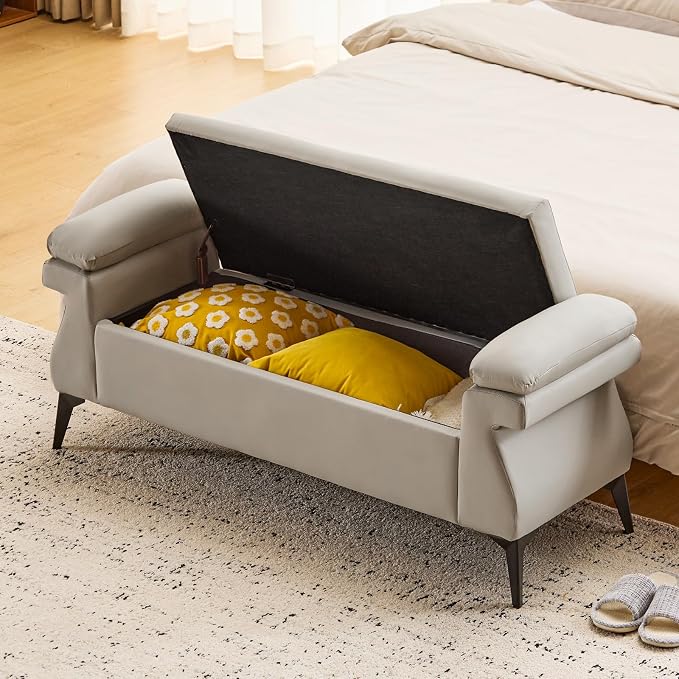 Furniliving 51” Storage Bench, Upholstered End of Bed Bench with Armrest Cushion Large Storage Ottoman/Bedroom Bench/Ottomans, Window Bench with Metal Legs, for Living Room, Entryway, Grey