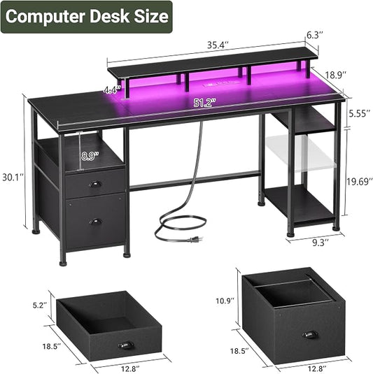 Furologee 51" Gaming Desk with Power Outlets & LED Lights, Reversible Computer Desk with File Cabinet & Monitor Stand for Home Office, Large Work Table with Storage Shelves & Drawer, Black