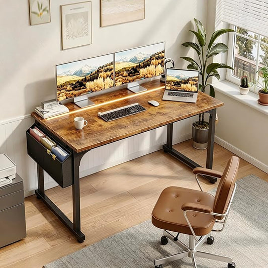 DurayLoly 48 Inch Computer Desk with Waterproof LED Lights,Study Desk for Teens & Home Office,Headphone Hook & Storage Bag Included,Sturdy Metal Frame,Small Space Friendly,Rustic Brown