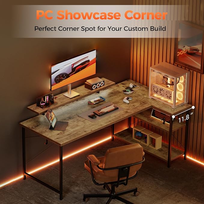 Mericonia Small L Shaped Computer Desk with Power Outlets, Reversible Gaming Desk with Storage Shelves & Monitor Stand, Corner Gamer Desk Table, Study Writing Table