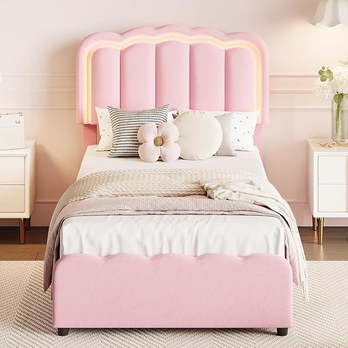 Garvee Twin Size Bed Frame with 2 Storage Drawers and LED Lights, Upholstered Platform Twin Bed with Adjustable Headboard, Wooden Slats Support, No Box Spring Needed, Easy Assembly, Pink