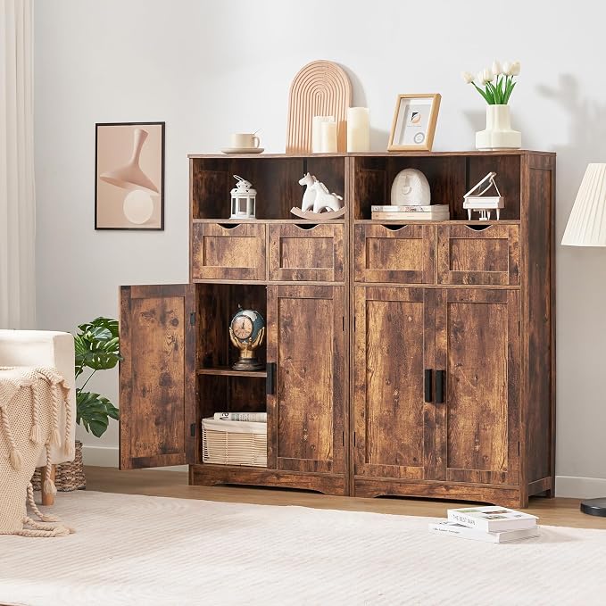 Iwell Storage Cabinet with 2 Drawers & Adjustable Shelves, Cupboard, Floor Cabinet for Living Room, Home Office, Rustic Brown