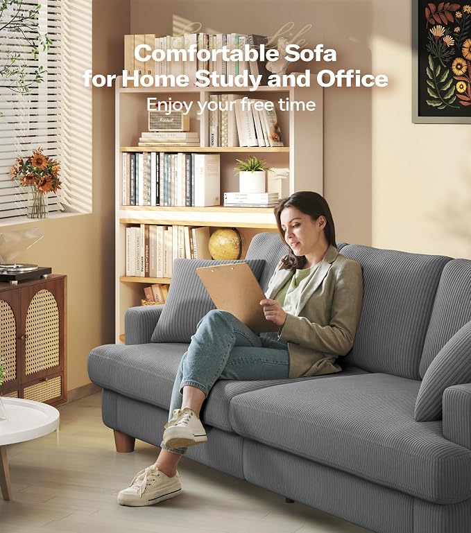 Kidirect 87in Corduroy Couch, Sofa No Tool Assembly, Comfy Couches for Living Room 21in Deeper Seats, Corduroy Sofas for Living Room with 2 Pillows, Oversized Loveseat Sofa, Boho Love Seat Grey Couch