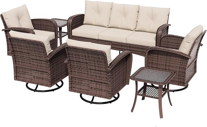 7 Piece Patio Conversation Set – 2 Swivel Rocking Chairs, 2 Coffee Tables & 3-Seater Sofa | PE Wicker Patio Sectional | Heavy-Duty Steel Frame & Weatherproof Cushions, Beige