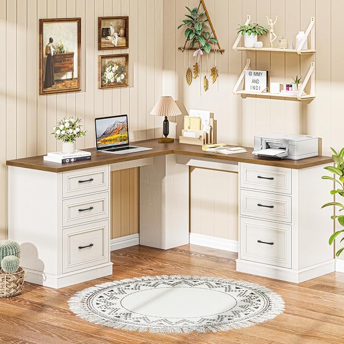 Vabches Farmhouse 59" L-Shaped Executive Desk with File Drawers, Wood Corner Sturdy Writing Workstation with Storage Drawers, Rustic Computer Writing Desk for Home Office & Study. Unique White