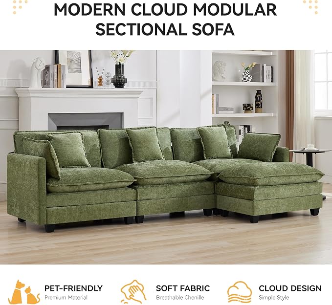 111'' Cloud Deep Seat Sectional Couch, Modern Comfy Chenille L Shaped Sectional Sofa with Movable Ottoman, Upholstered Modular 4-Seater Sofa Couch for Living Room, Green