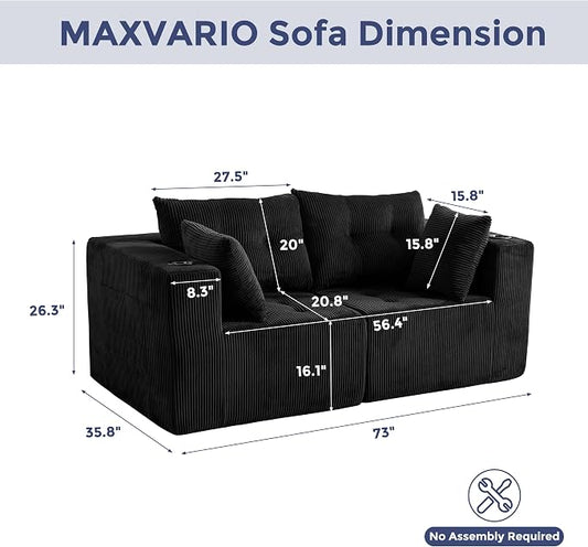 MAXYOYO Modular Sectional Sofa Couch, Loveseat Boneless Cloud Couch for Living Room, Sofa in A Box, Tufted Upholstered Cozy Chair with Cup Holders, No Assembly Required, Black