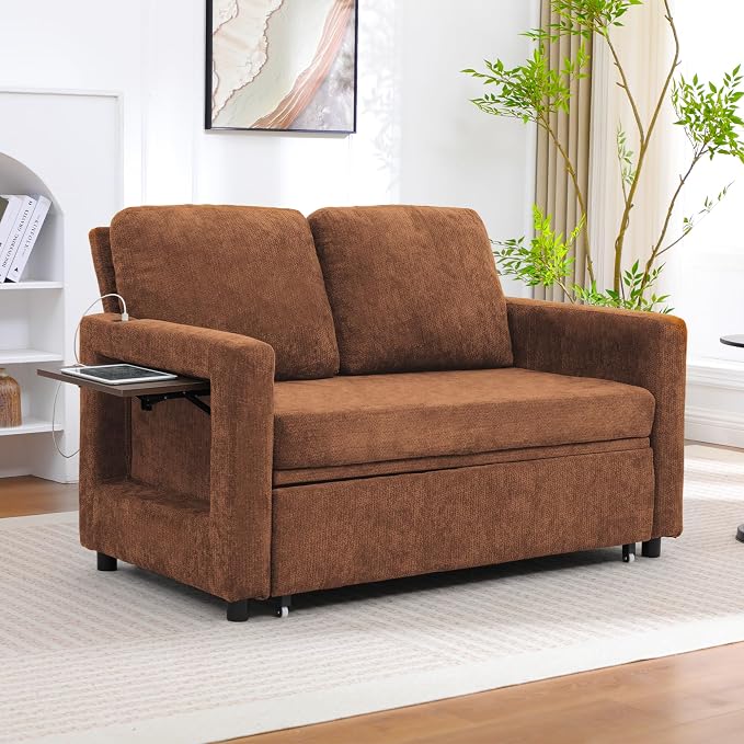 3 in 1 Folding Convertible Sleeper Sofa Bed Pull Out Couch with Side Pockets USB Port Side Table Loveseat Sofa Bed with Adjustable Backrest for Living Room Bedroom 66" Orange 2 SEAT