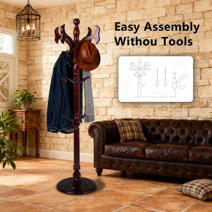 Wooden Coat Rack Freestanding with 14 Hooks, Adjustable Height Coat Tree Free Standing Heavy Duty for Entryway, Easy Assembly Solid Wood Sturdy Coat Hats Hanger Stand for Office Hallway Bedroom
