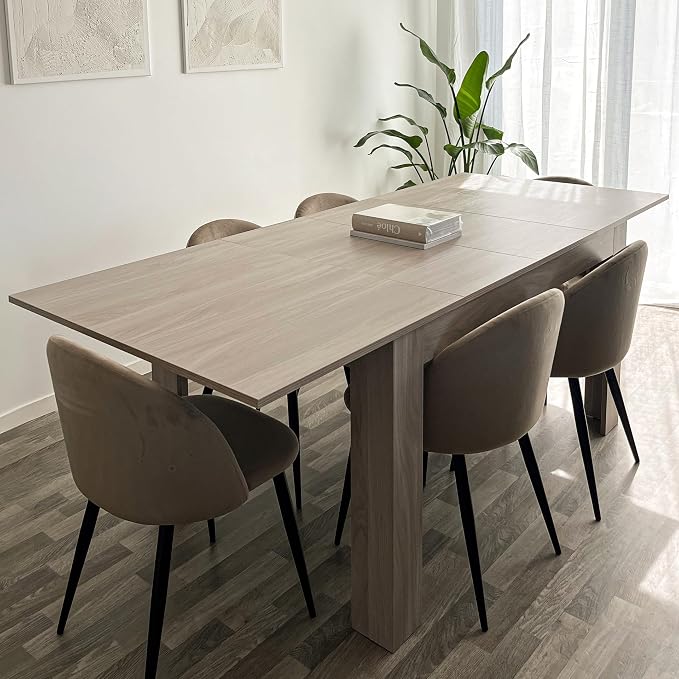 Mobili Fiver, Easy, Extendable Dining Table, 55.1(86.6) x35.4 in, Pearled Elm, for 6-8 People, Expandable Dining Table for Kitchen, Italian Furniture