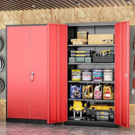 INTERGREAT Metal Storage Cabinet, 72” H Storage Cabinet with 2 Doors and 4 Adjustable Shelves for Office, Home, Garage, Pantry (Assembly Required, Black Red)