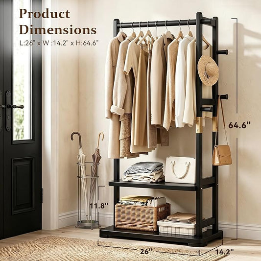 Solid Wood Clothes Rack with 2 Shelves & 4 Hooks for Hanging Clothes Garment Wallets Hats, Black Clothing Rack Heavy Duty Coat Rack Freestanding with Storage Hall Tree for Hallway Bedroom Living Room