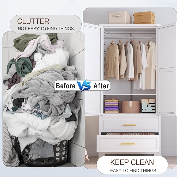 erosoei Metal Armoire Wardrobe Closet, 71 "Metal Clothing Storage Cabinet with Mirror and Adjustable Shelves, Household Steel Wardrobe Storage Cabinet with 2 Drawers and Hanging Rod(Armoire-White)