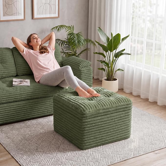23.6in Pouf Ottoman, Corduroy Ottoman Foot Rest with Dual‑Layer Support, Large Poofy Pouf with Soft Chunk‑Foam Top & Firm Foam Base, Floor Foot Stool for Living Room, Green