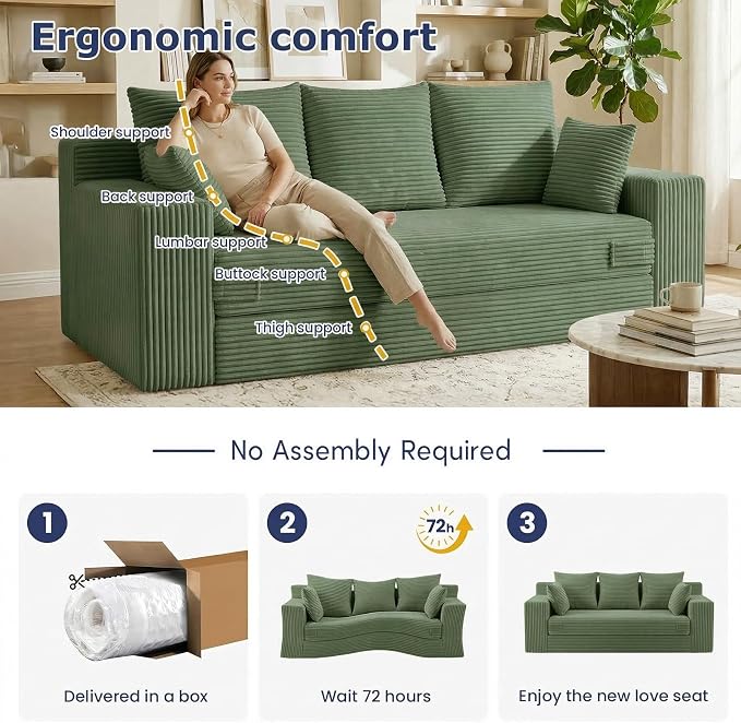 Boneless Couch for Living Room, 3 Seater Convertible Futon Sofa Bed Comfy Pull Out Couch with 5 Pillows & Detachable Washable Cover, Upholstered Floor Sofa in A Box, No Assembly Required, Green
